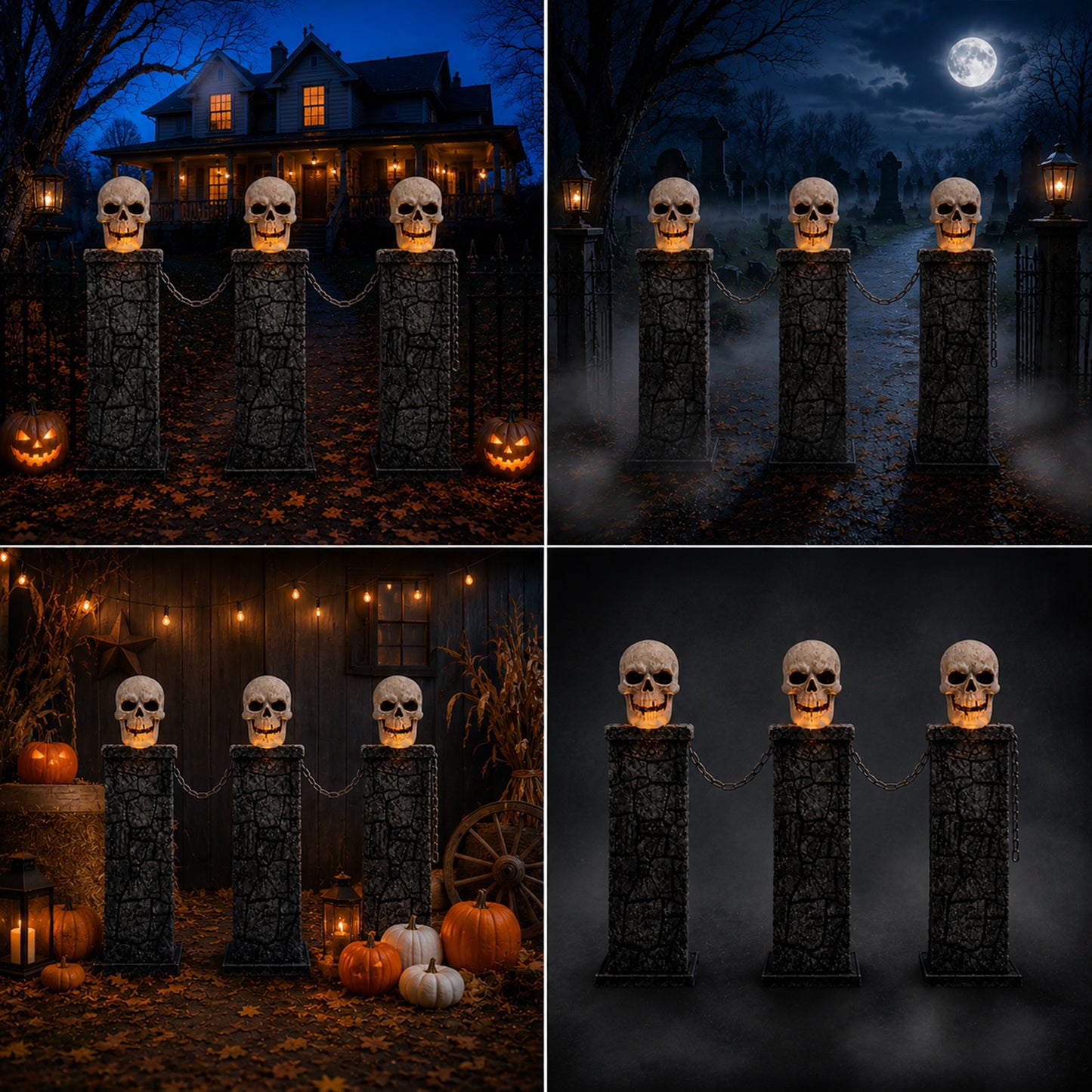 90cm x 1.2m Battery Powered Light Up Halloween Skull Fence with LEDs