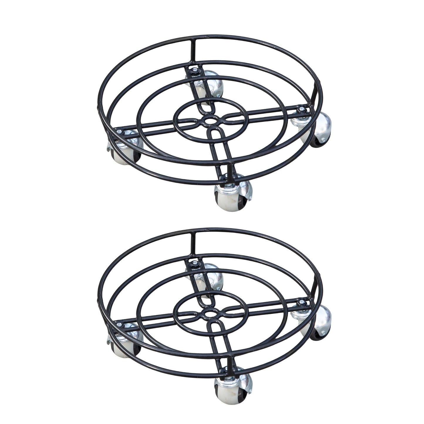 2 Pack of 32cm Black Metal Garden Flower Plant Pot Trolley on Castor Wheels