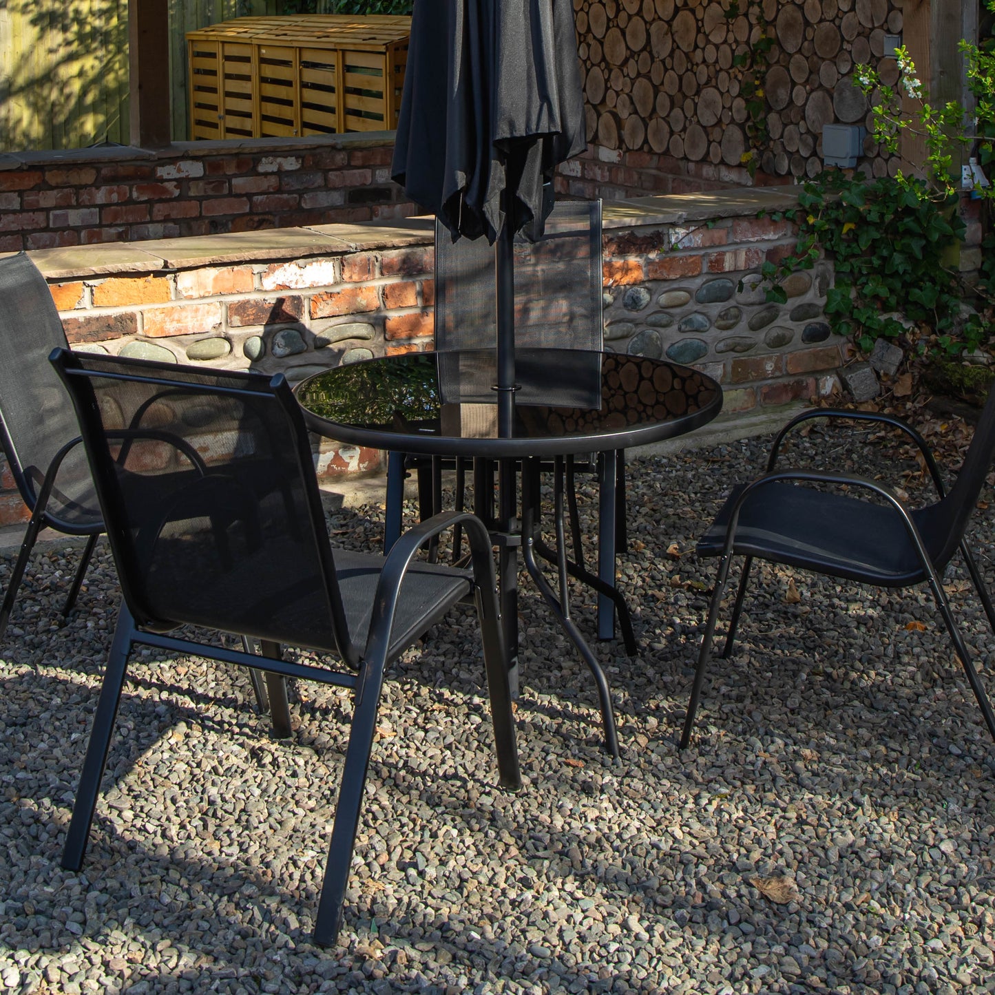 Outdoor 4 Person Round Glass Top Garden Dining Table Chairs With Black Parasol and Base Set