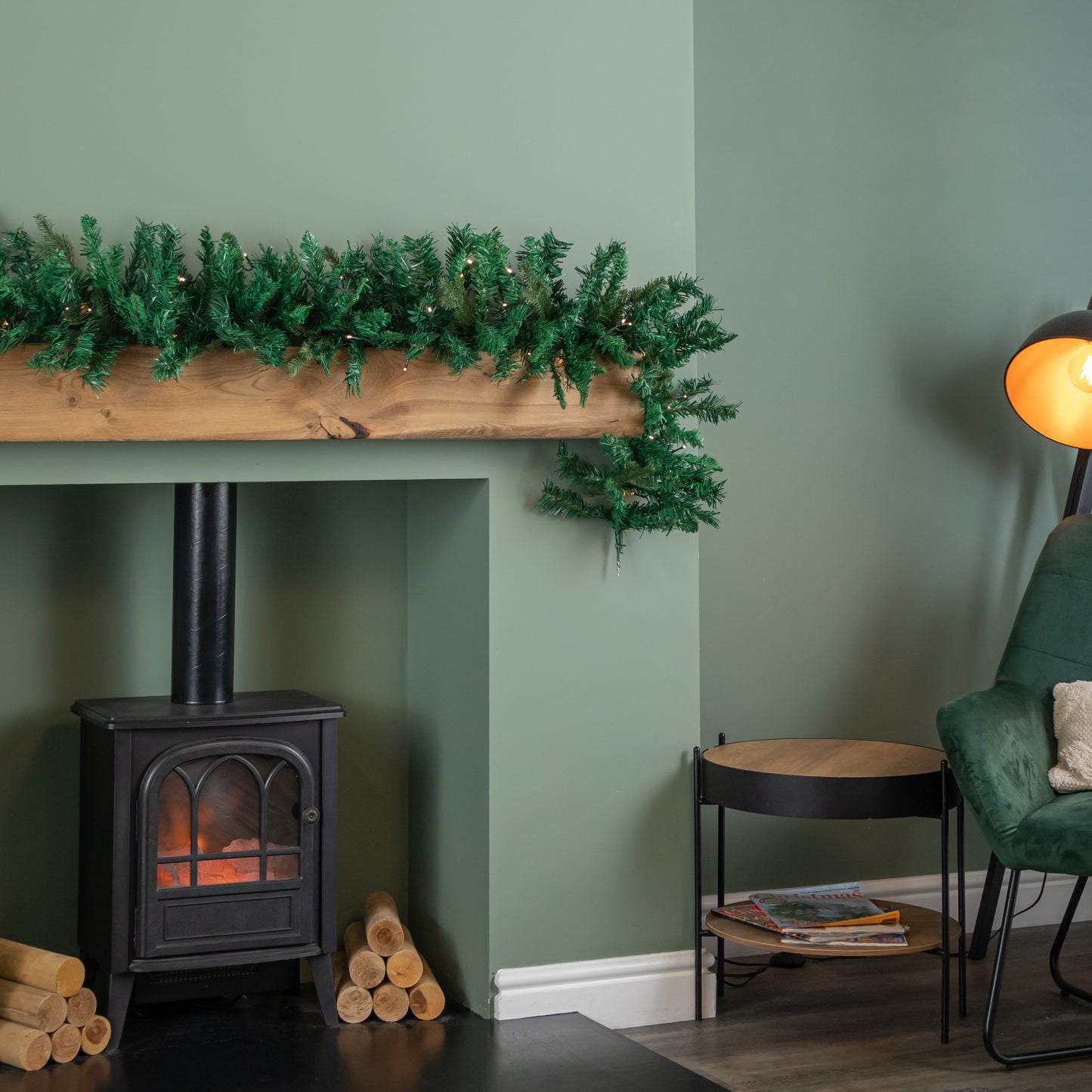 1.8m Plain Green Christmas Garland with 164 Tips and 50 Warm White LED Lights