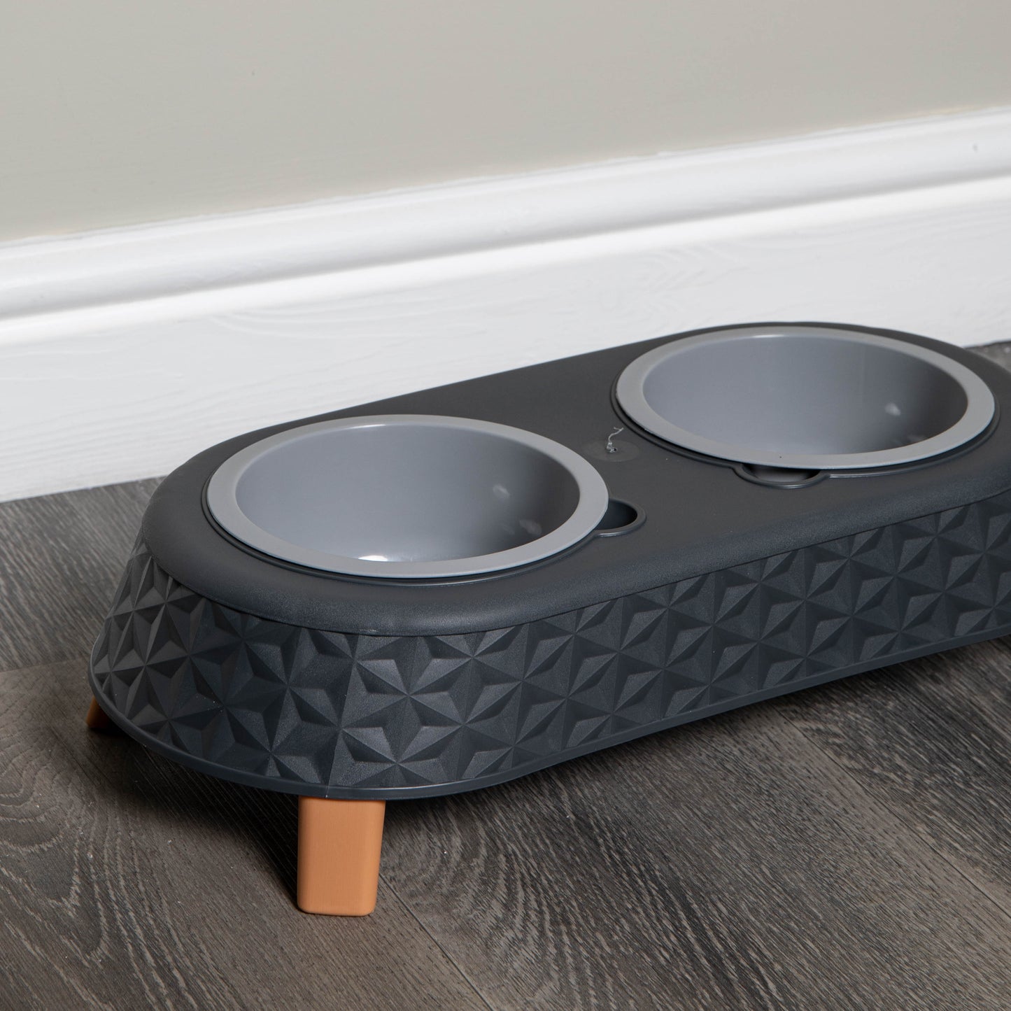 16cm x 9cm Grey Plastic Raised Double Pet Bowl Feeding Station with Stand