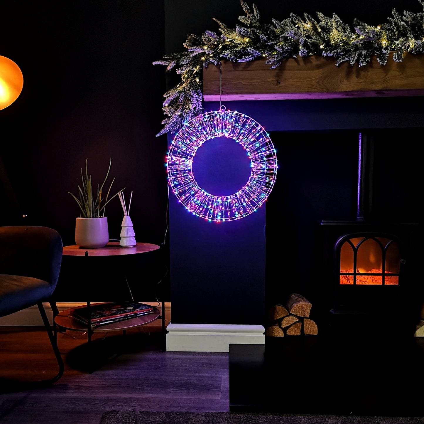 White Wreath With Rainbow LEDs 600 Bulb 45cm