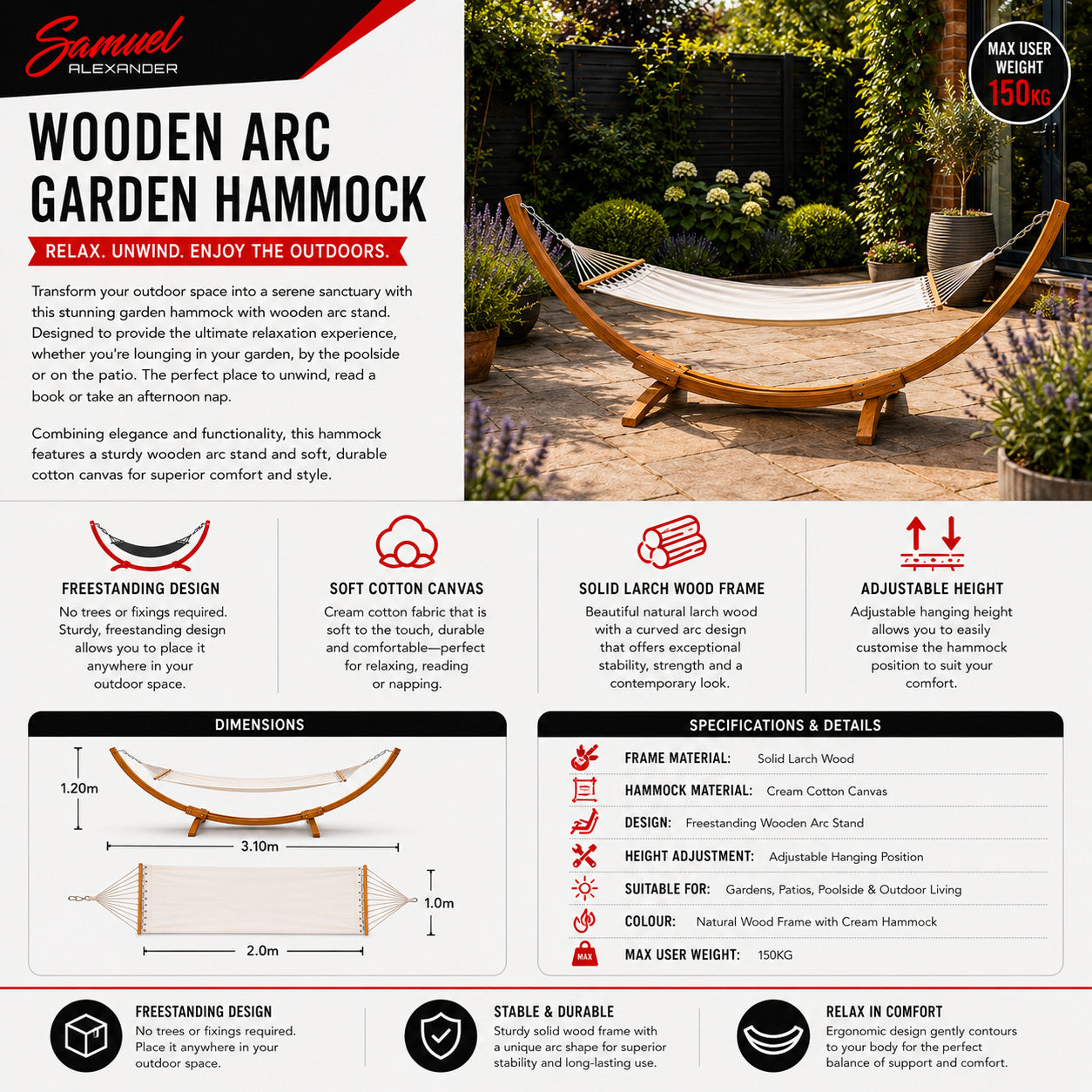 3.10m x 1.2m Palermo Freestanding Garden Hammock with Larch Wood Arc Stand in Cream