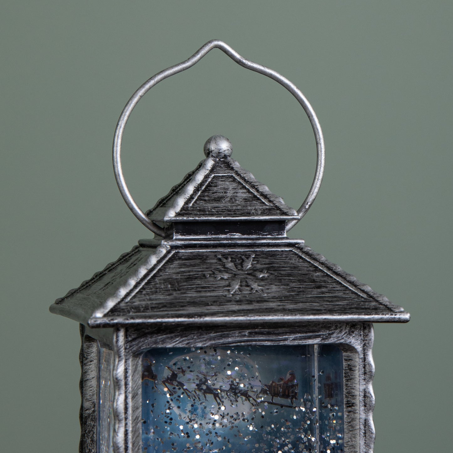 27cm Dual Powered Light up Antique Silver Christmas Water Spinner with Dogs & Flying Sleigh Scene