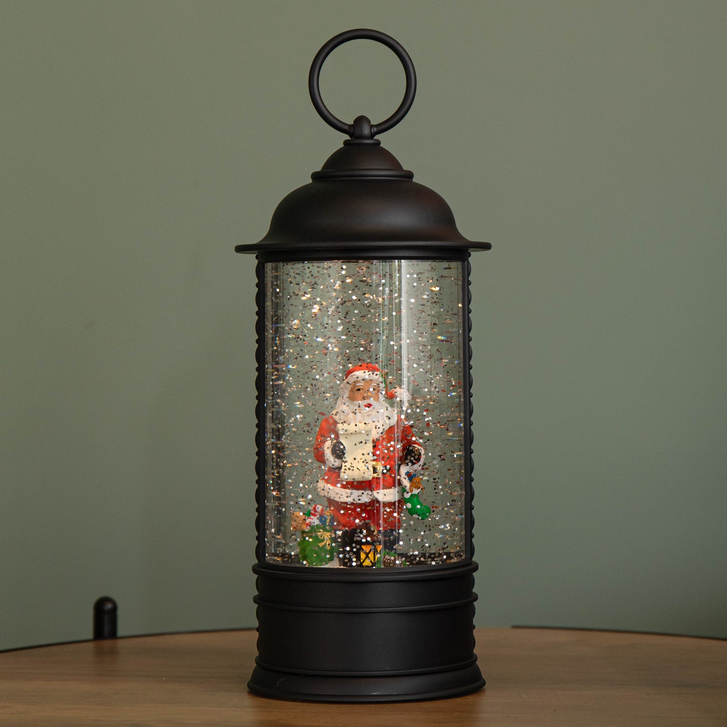 29cm Dual Power LED Christmas Glitter Water Spinner Black Lantern Santa Scene