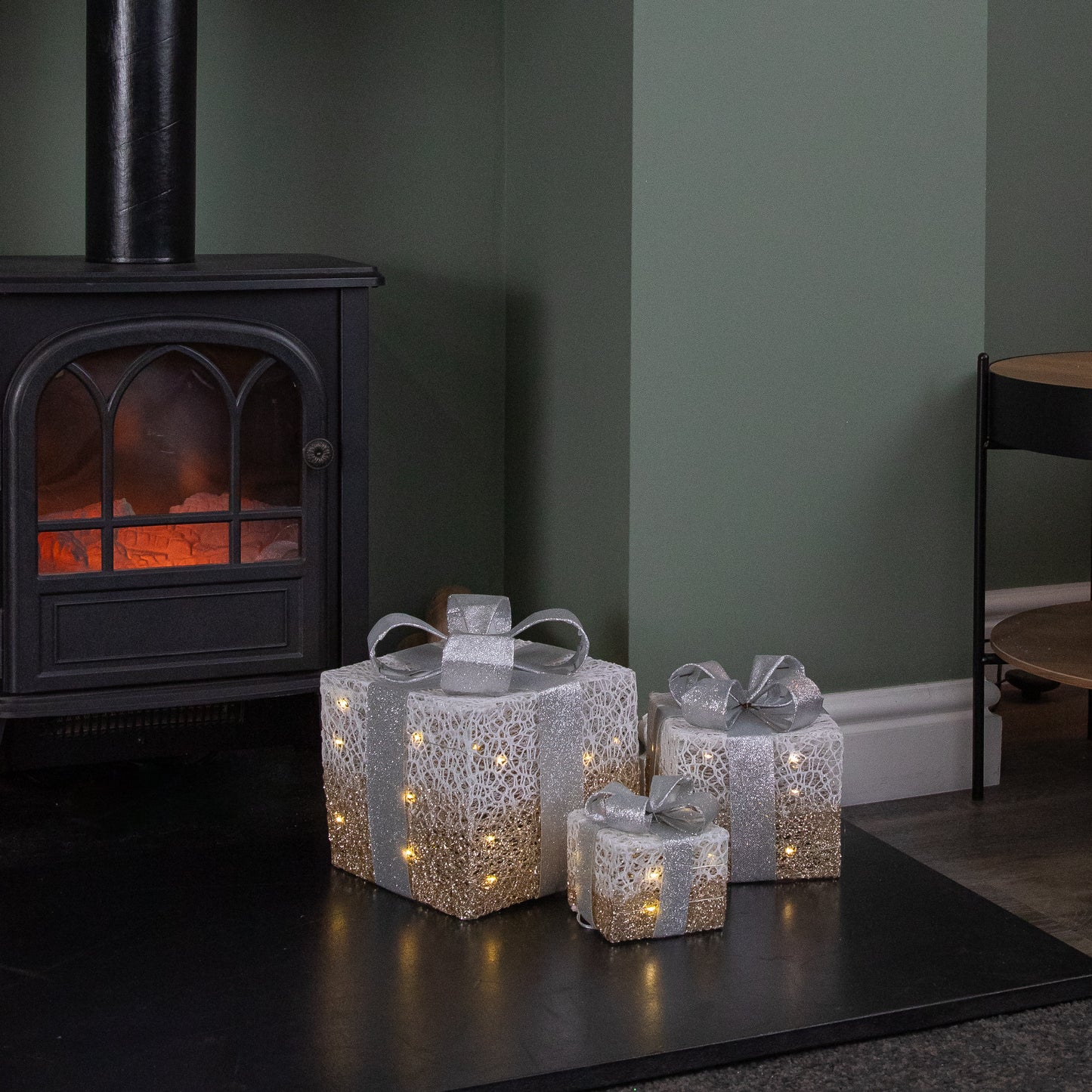 Set of 3 Battery Operated Gold Sparkly Christmas Gift Boxes with LEDs