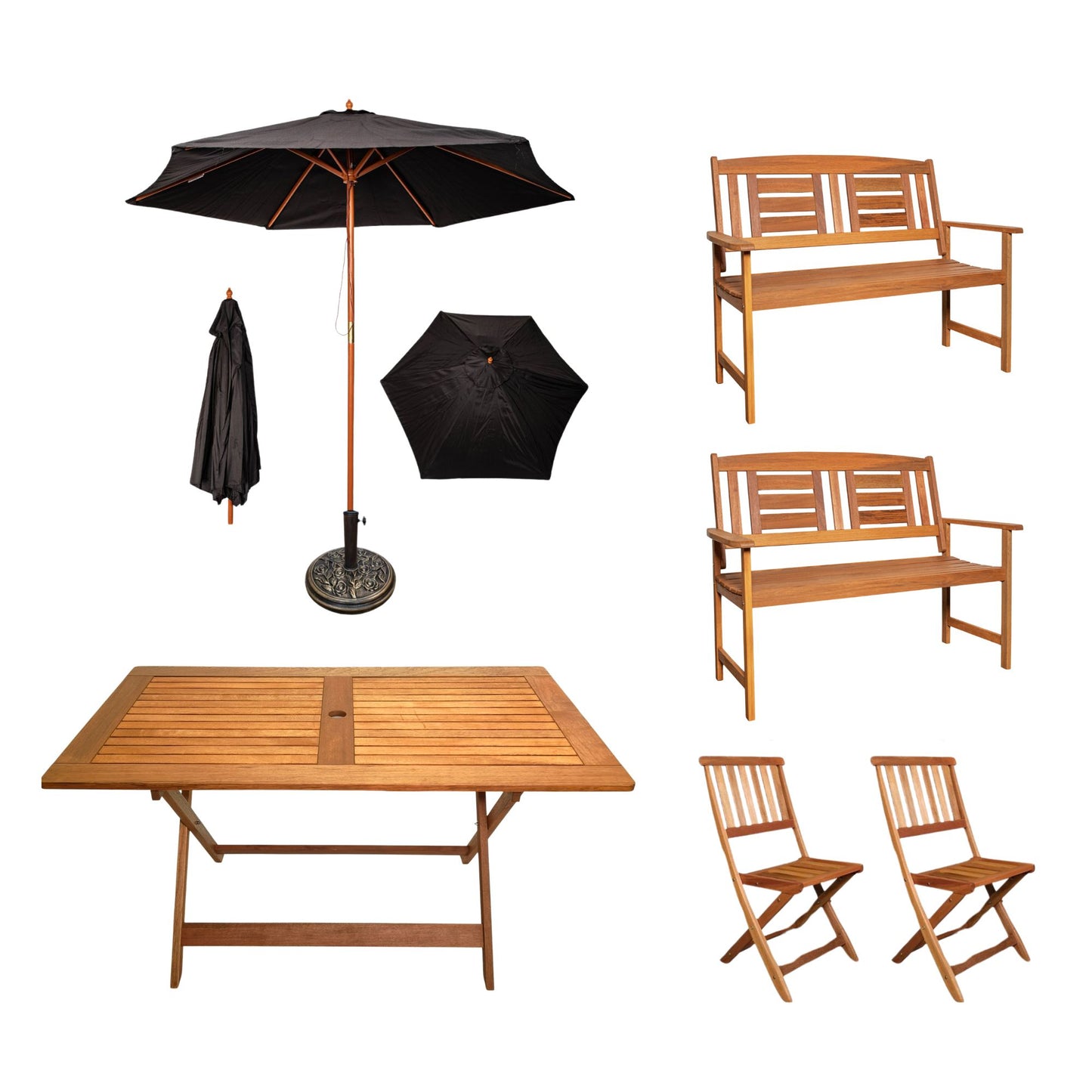 Outdoor 6 Person Folding Rectangular Wooden Garden Dining Table Chairs and 2 Benches Parasol and Base set