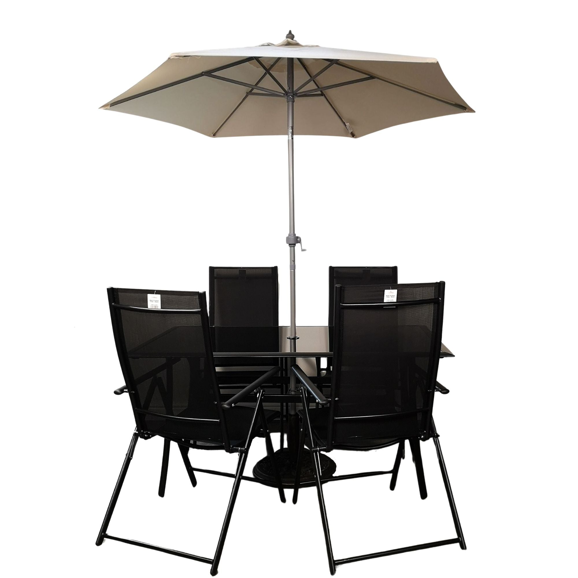 Outdoor 4 Person Rectangular Glass Top Garden Patio Dining Table Chairs Cream Parasol and Base Set