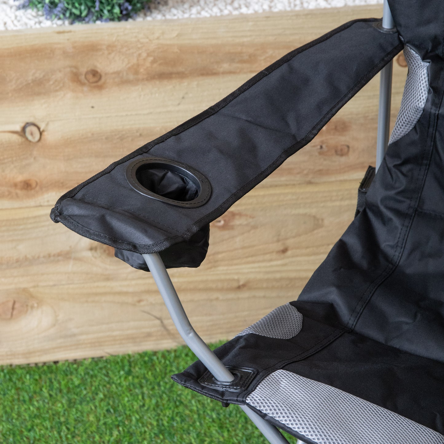 Luxury Padded High Back Outdoor Folding Chair with Cupholder in Black
