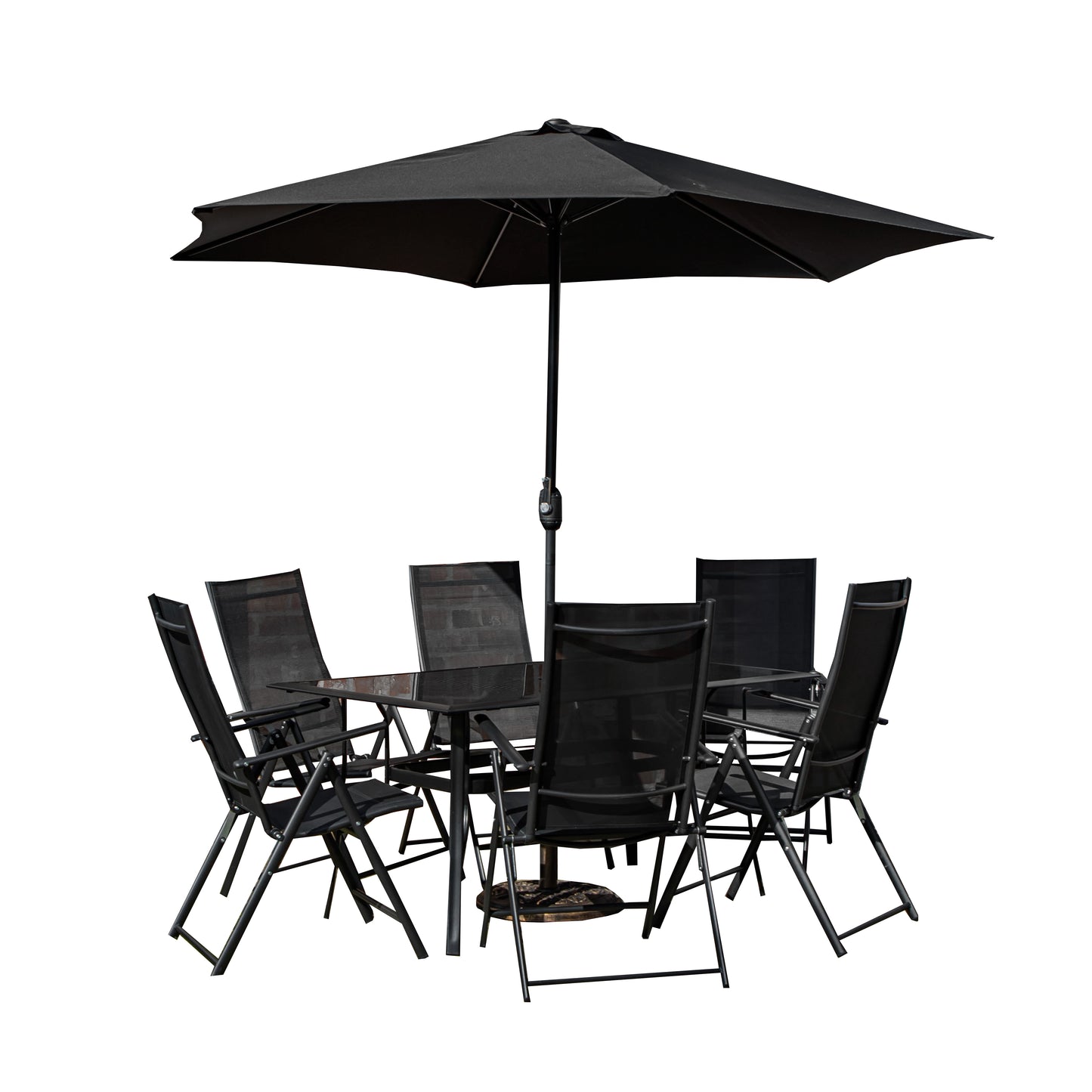 Outdoor 6 Person Rectangular Glass Top Garden Dining Table Chairs With Black Parasol and Base Set