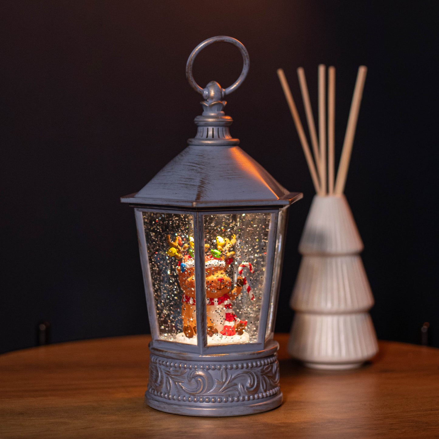 26cm Snowtime Dual Power LED Christmas Glitter Water Spinner Blue Lantern Cute Reindeer Scene