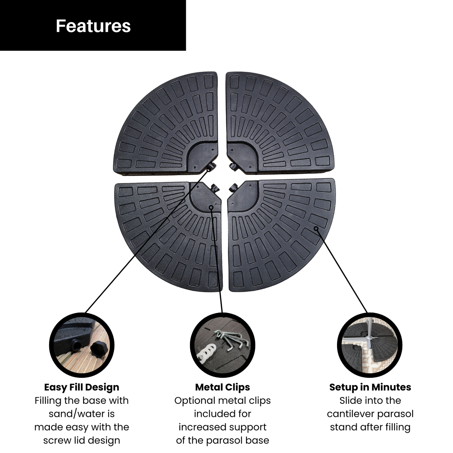 4 Pack 52/70Kg Decorative Round Water / Sand Filled Black Hanging / Banana / Cantilever Garden Patio Decking Parasol Base Weight