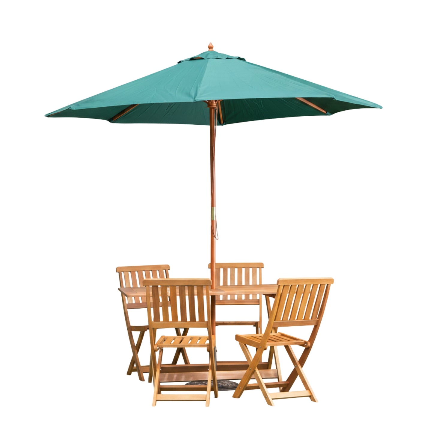 Outdoor 4 Person Folding Rectangular Wooden Garden Dining Table Chairs Green Parasol and Base Set