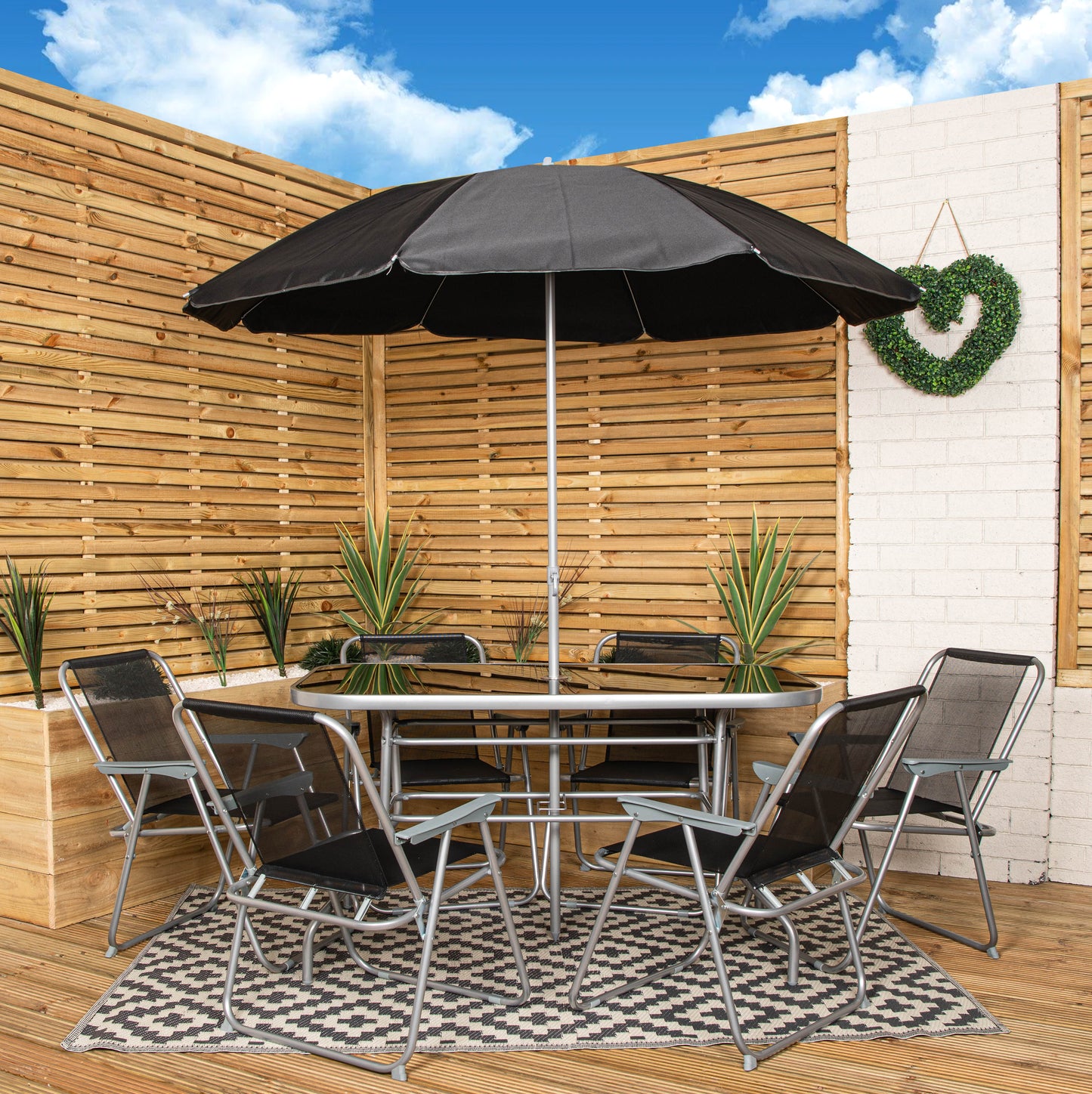 6 Person Garden Furniture Patio Set Table, 6 Chairs & Parasol with Black Glass