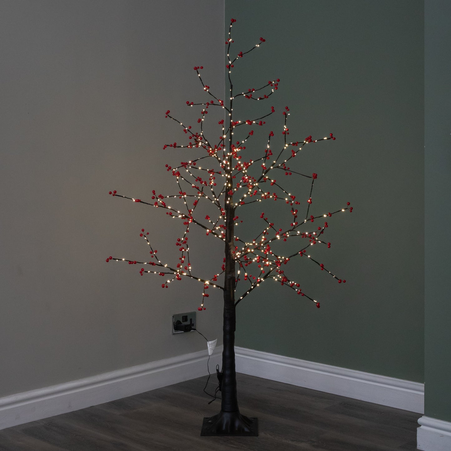 5ft (1.5m) Light up Black Christmas Twig Tree with Red Berries & Warm White LEDs