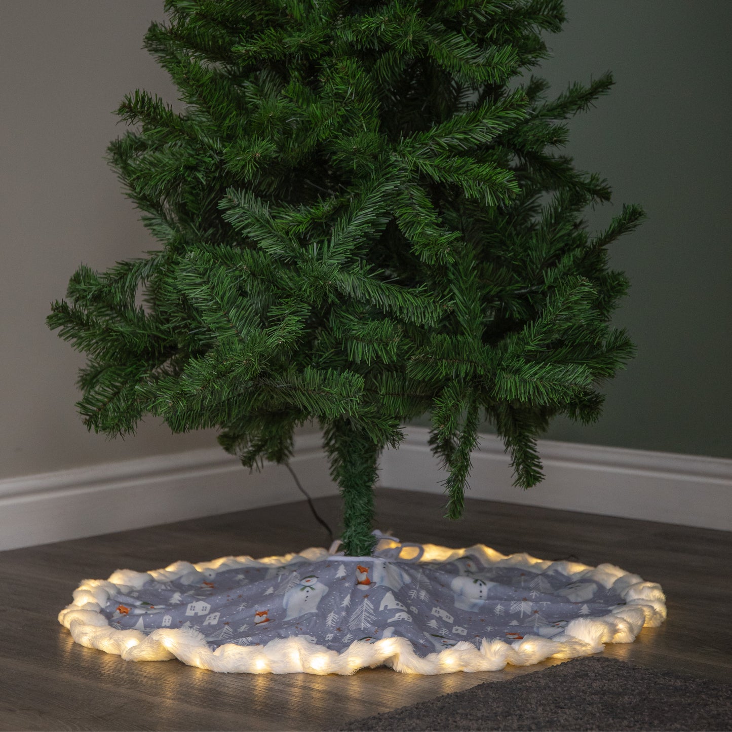 90cm USB Powered Light up The Snowman Fabric Christmas Tree Skirt with LEDs
