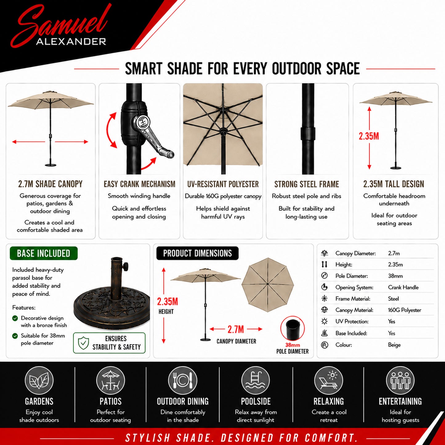 2.7m Havana Garden Patio Parasol with Crank Handle in Beige with 9kg Base Included