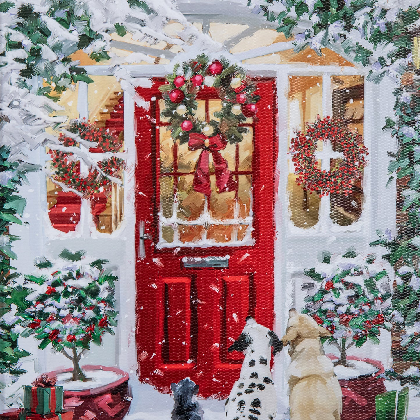 40 x 40cm Battery Operated Light up Framed Christmas Canvas with Red Door & Warm White LEDs