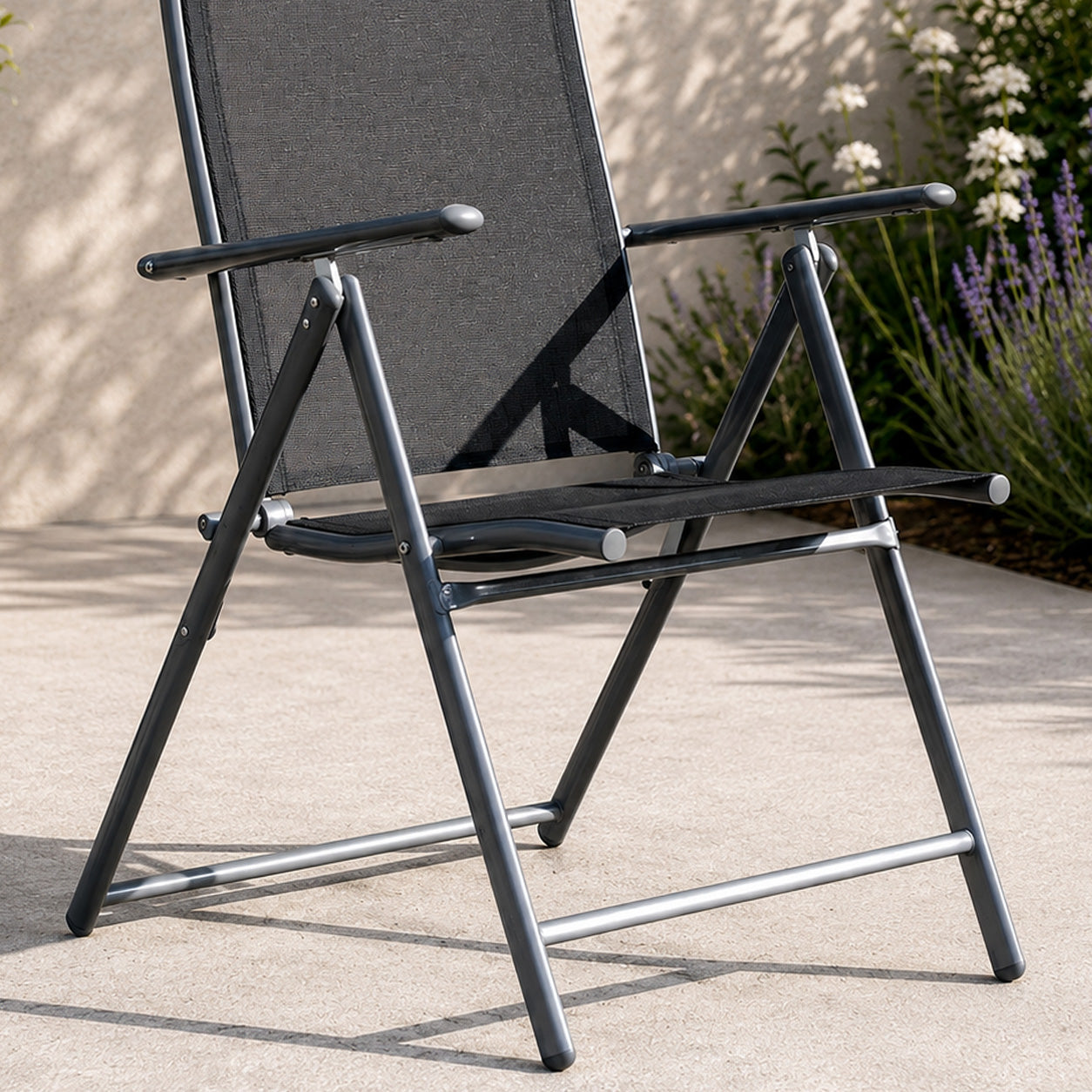 Outdoor Garden Patio Multi Position Reclining Folding Chair in Black and Silver