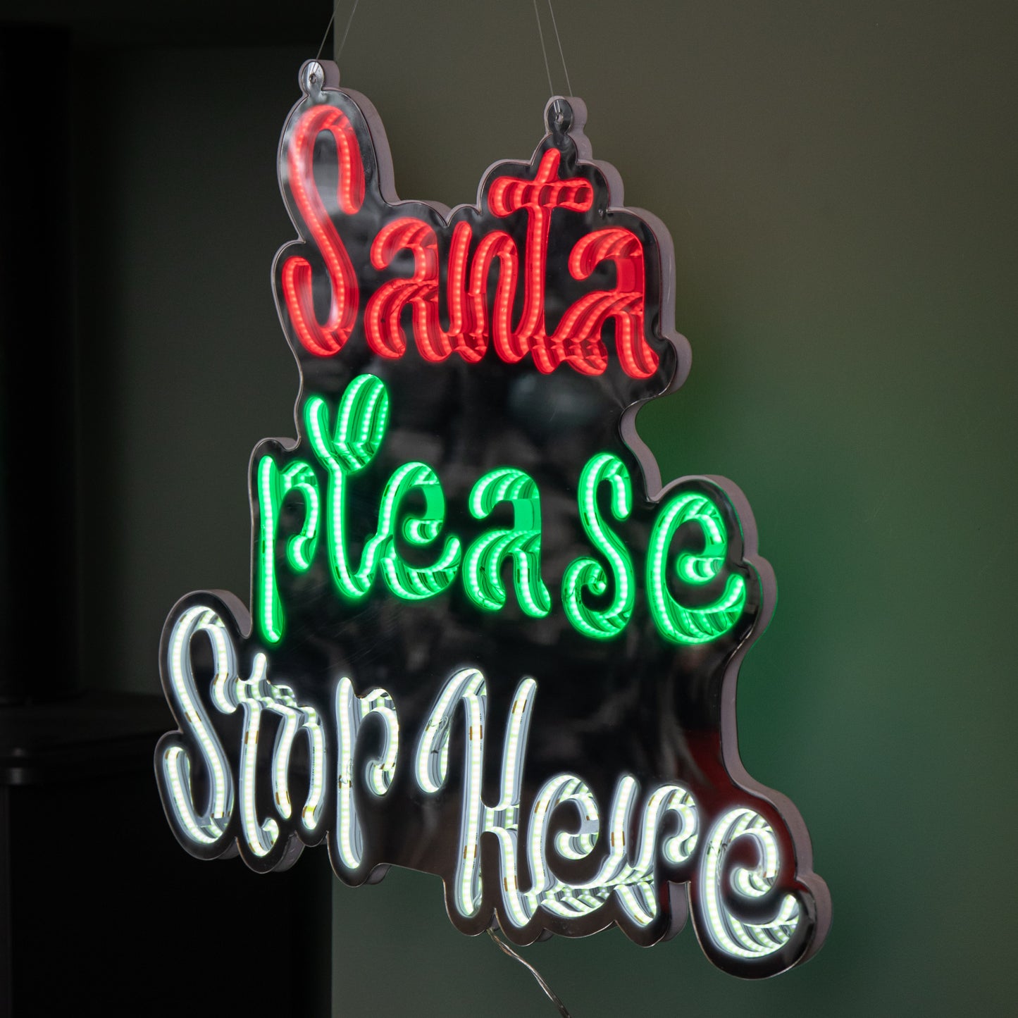 40cm Light up Hanging Santa Stop Here Christmas Infinity Mirror Light with Multi-Coloured LEDs