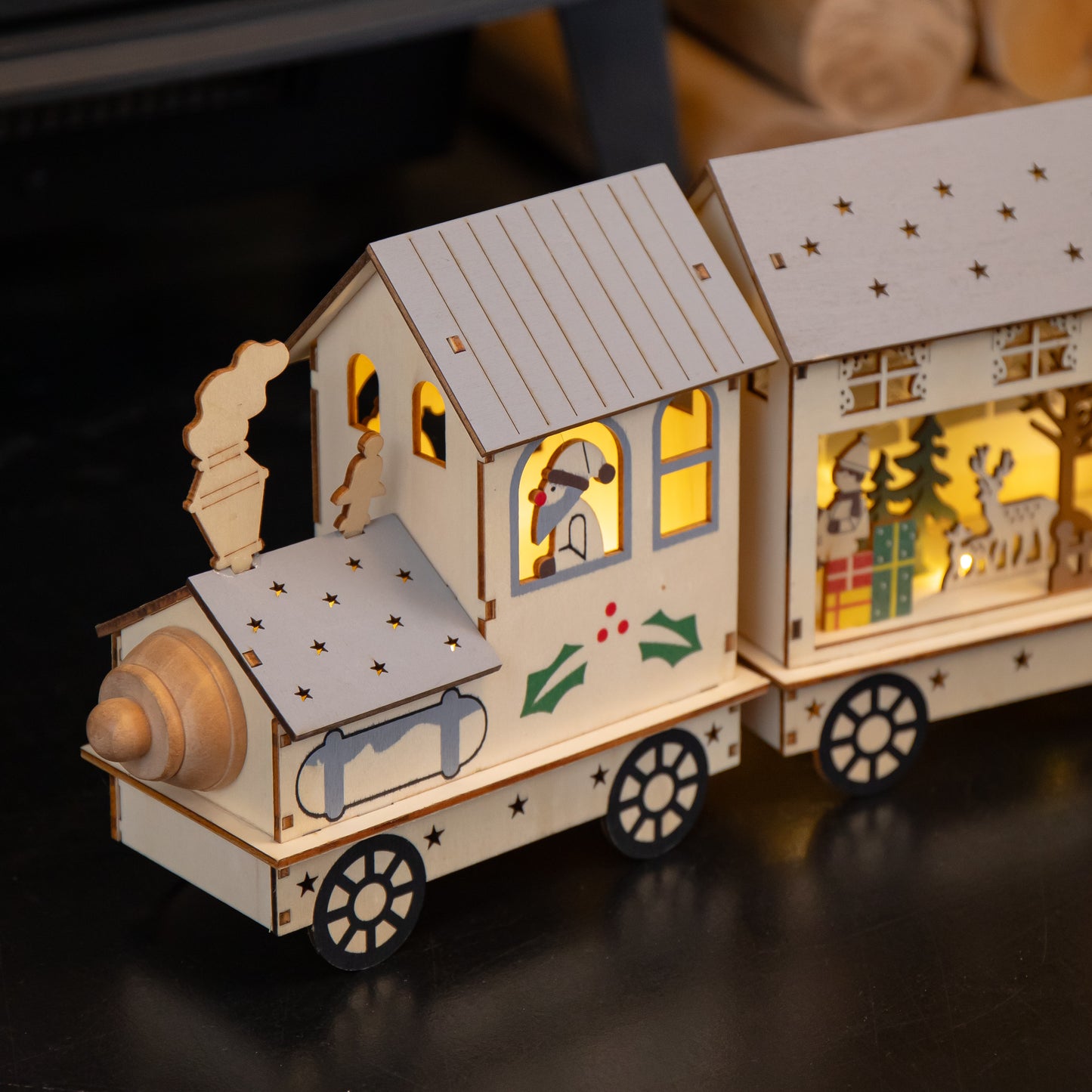 16cm LED Battery Operated Indoor Wooden Christmas Train & Carriages Scene