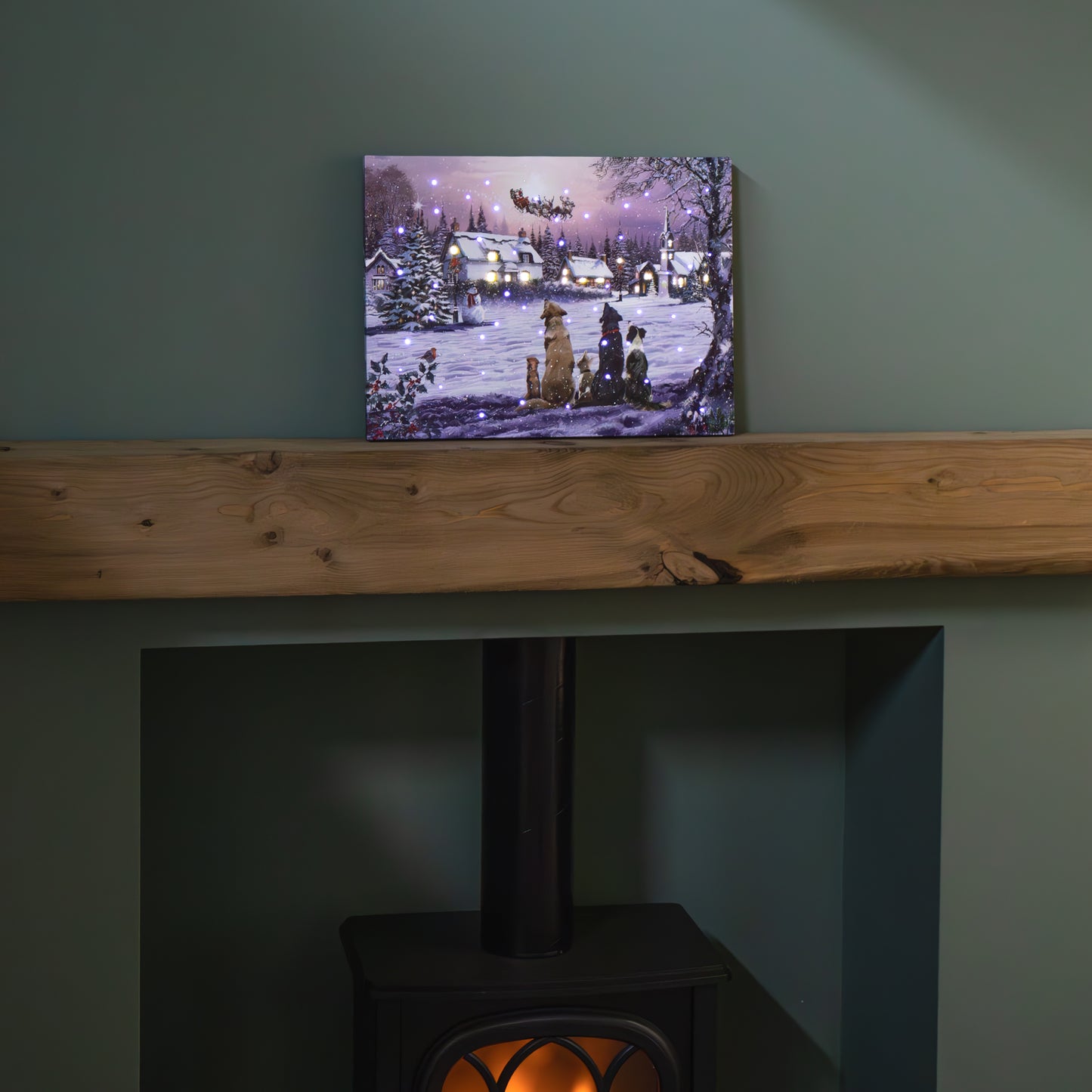 40 x 30cm Battery Operated Light up Fibre Optic Dogs Watching Santa Christmas Wall Canvas