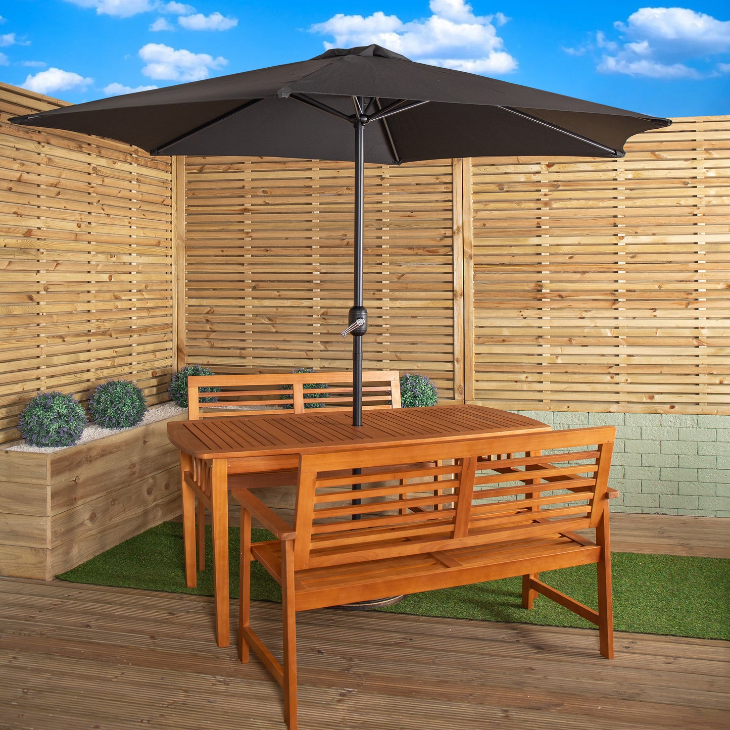 Outdoor 4 Person Rectangular Wooden Garden Table, 2 Benches with Black Havana Parasol & Base