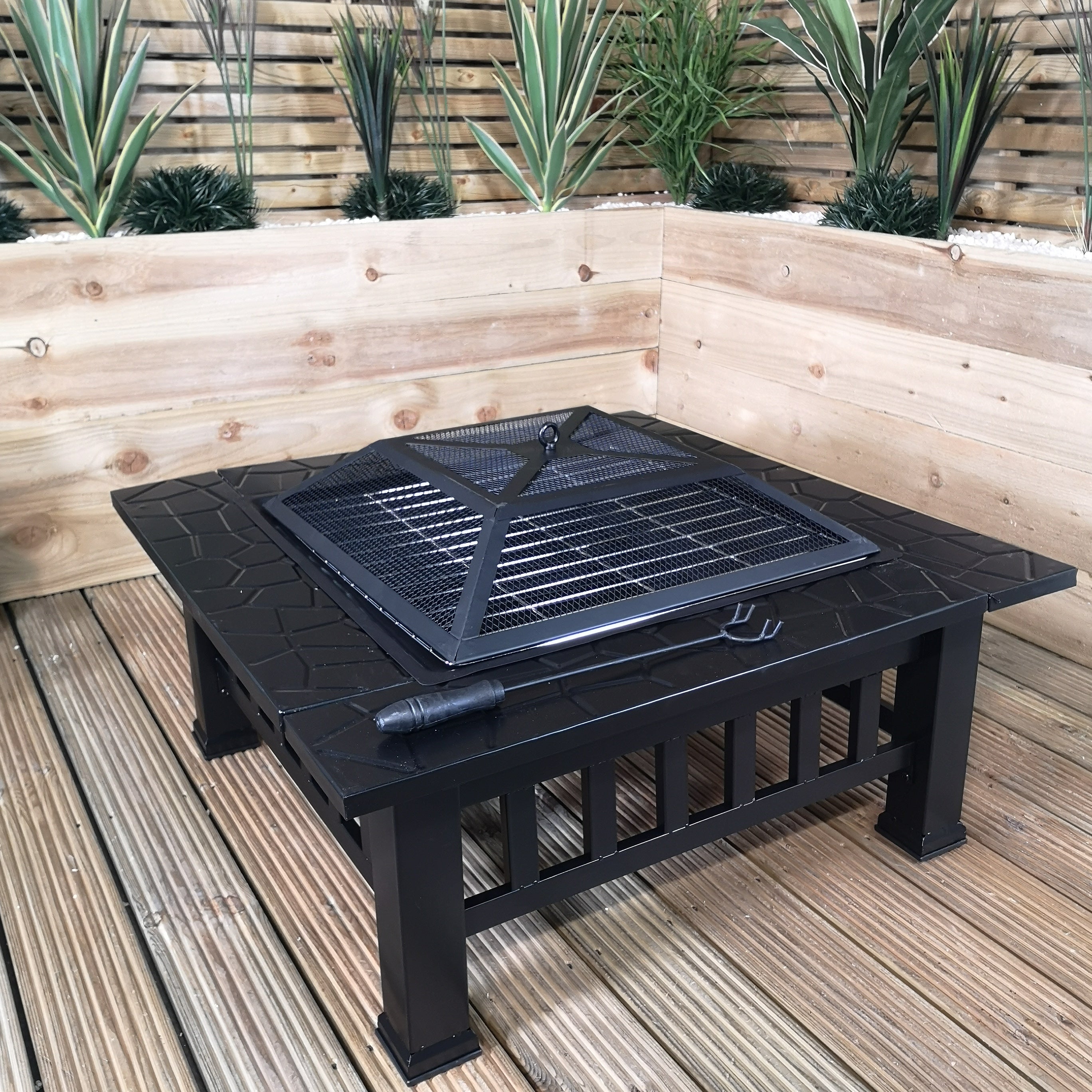 Redwood Outdoor Garden Square Fire Pit Heater with BBQ Grill in Black