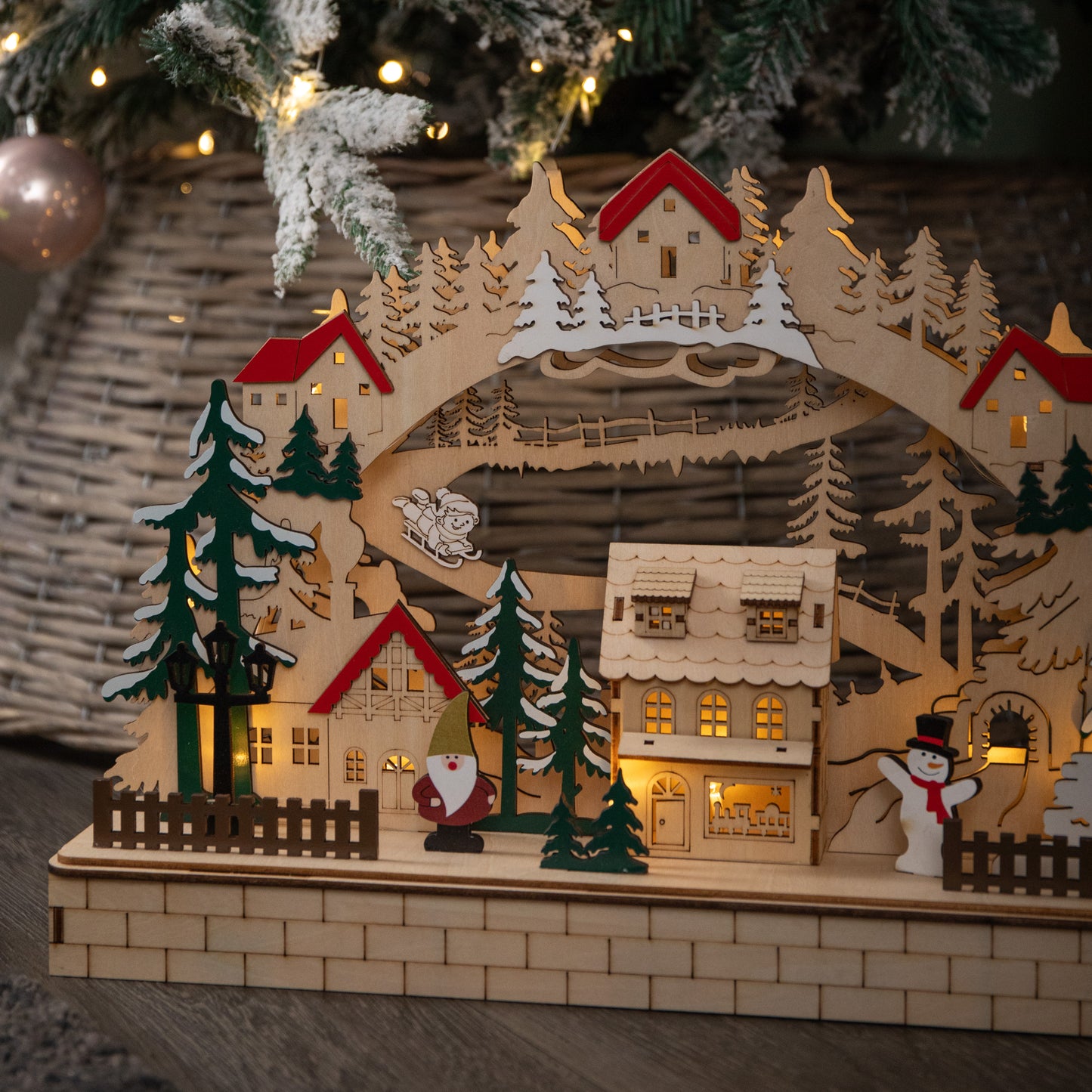 40cm Battery Operated Wooden Christmas Alpine Scene with LEDs