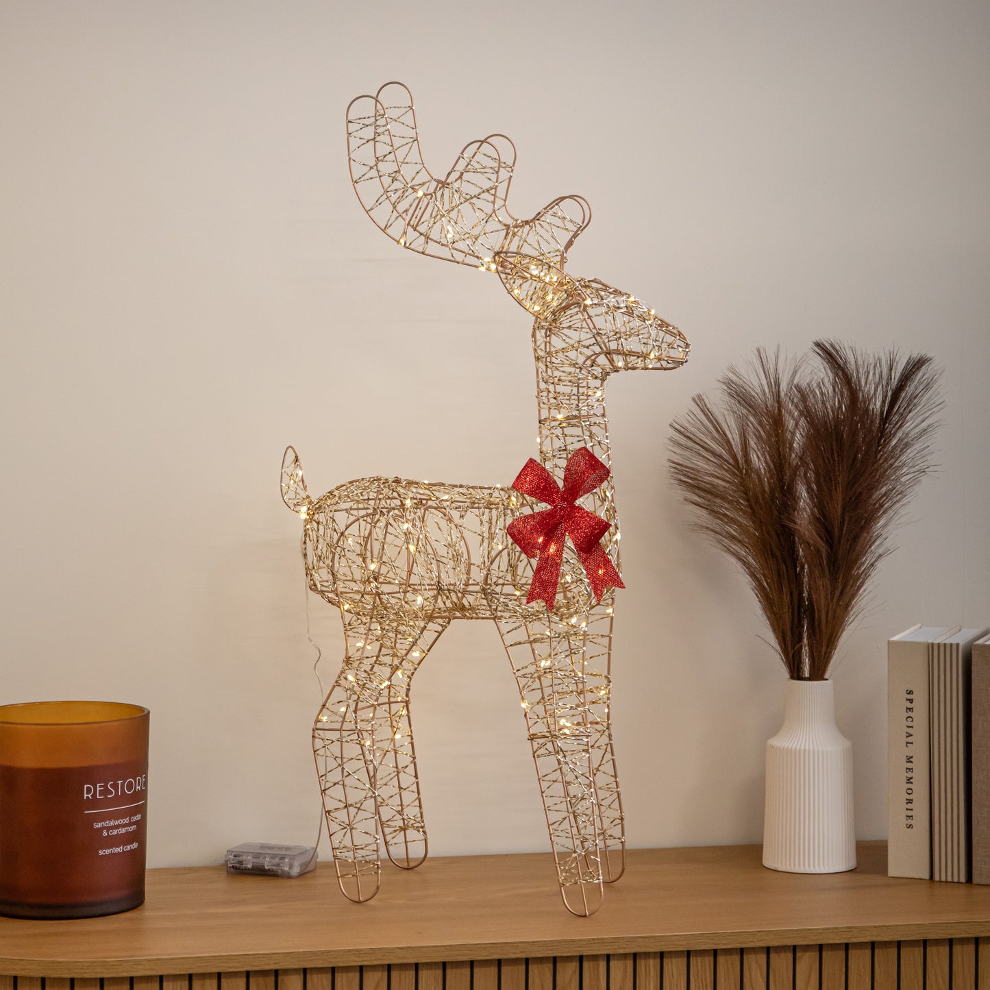 74cm Battery Powered Light up Gold Twist Christmas Standing Reindeer with 100 Warm White LEDs