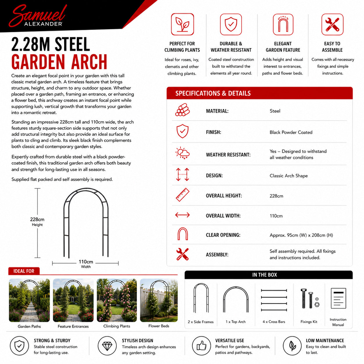 2.28m x 1.1m Black Garden Steel Arch Trellis for Climbing Plants
