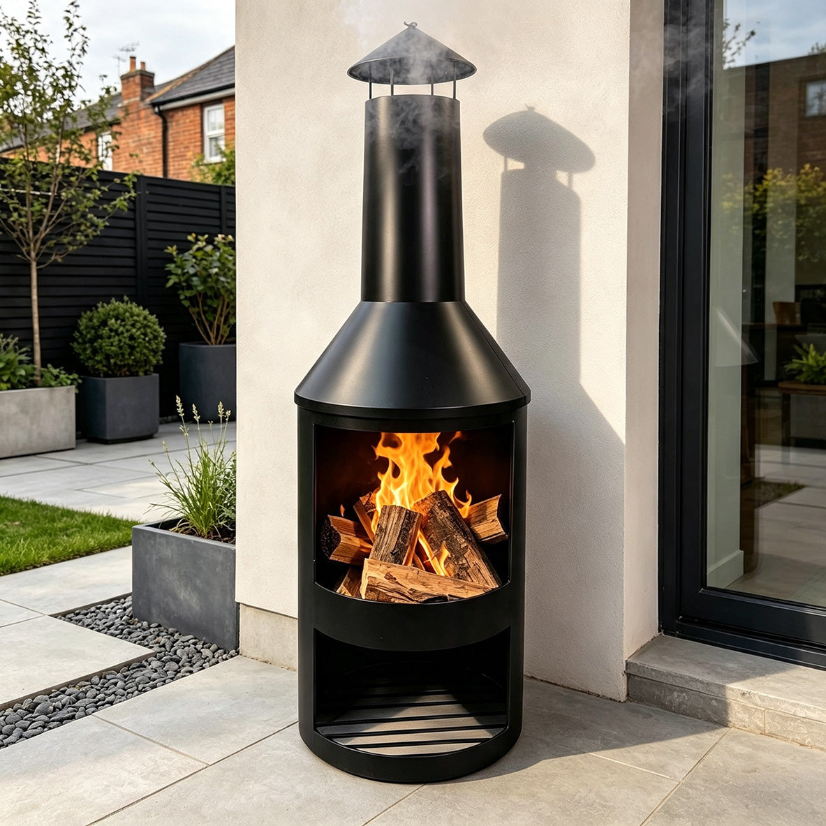 1.4m Tall Outdoor Garden Patio Chiminea Log Burner Fire Pit with Log Store & Cover