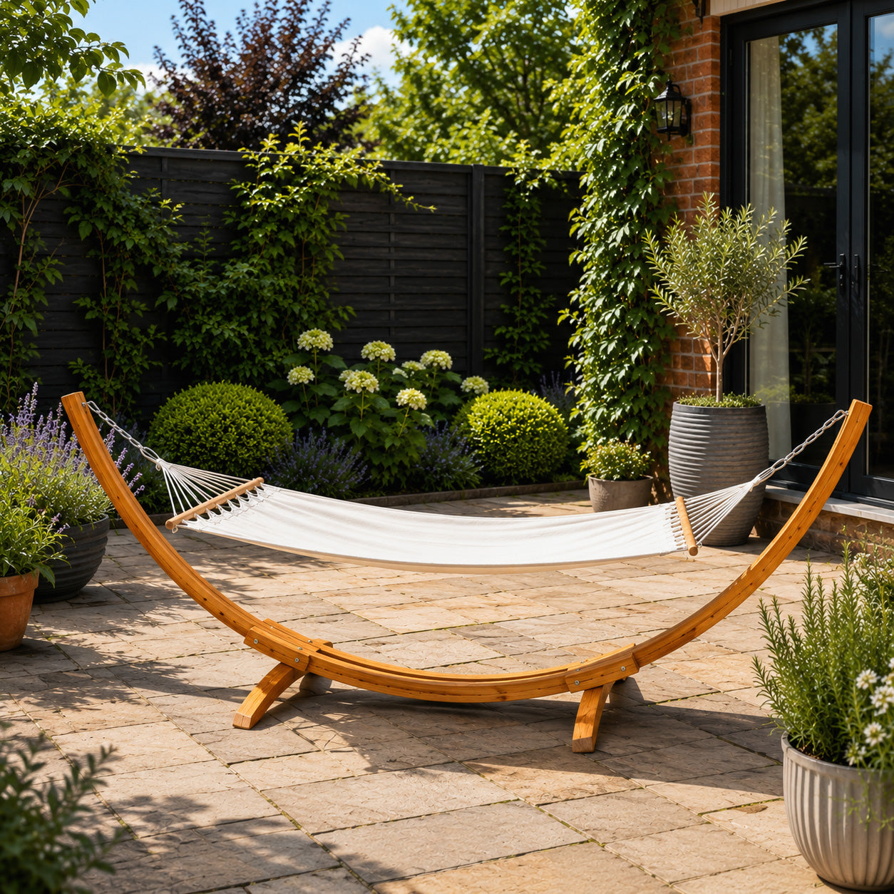 3.10m x 1.2m Palermo Freestanding Garden Hammock with Larch Wood Arc Stand in Cream