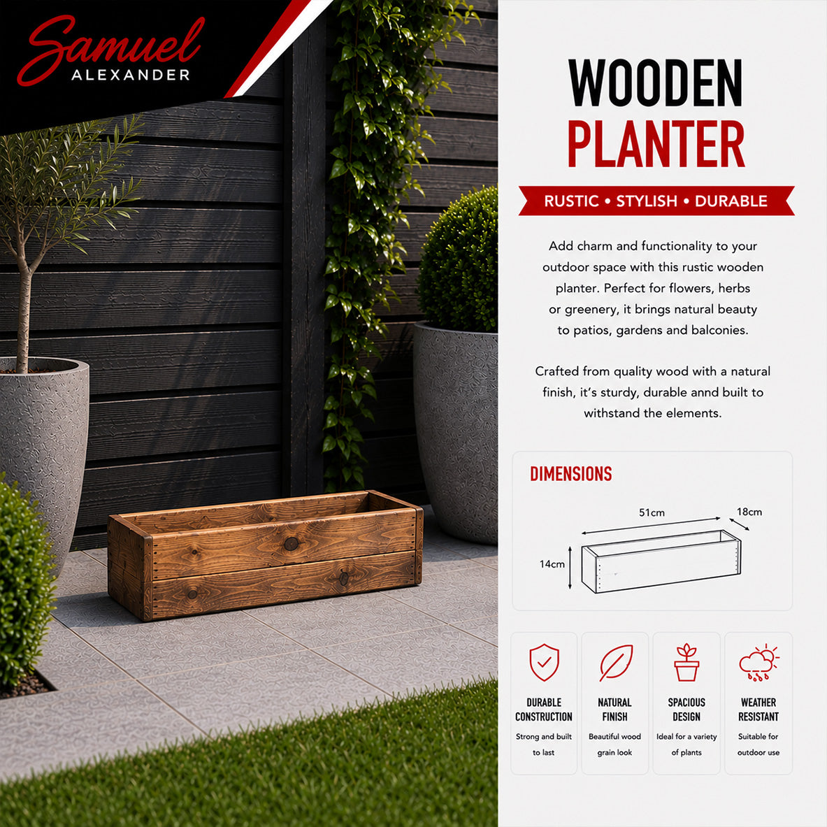 Hand Made 51cm x 18cm x 14cm Rustic Wooden Garden Flower Planter