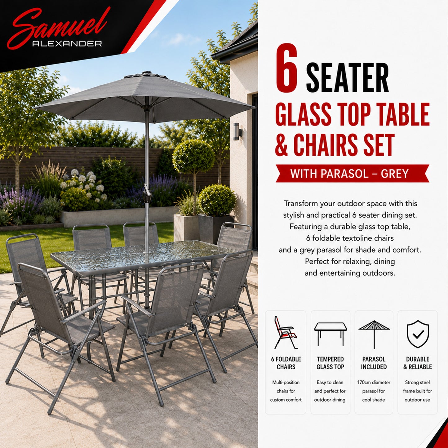 Samuel Alexander Outdoor 6 Seater Glass Top Table and Chairs Patio Set with Parasol in Grey