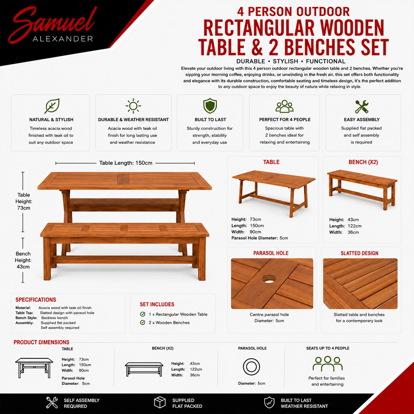 Outdoor 4 Person Rectangular Wooden Garden Dining Table with 2 Benches