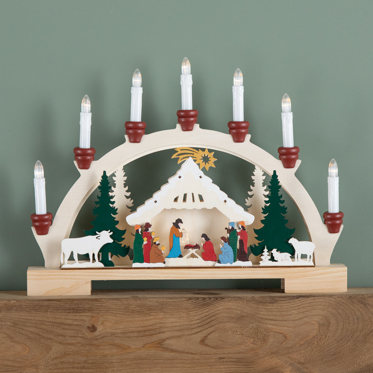 33cm Battery Operated Wooden Christmas Candle Bridge with Nativity Scene and LEDs