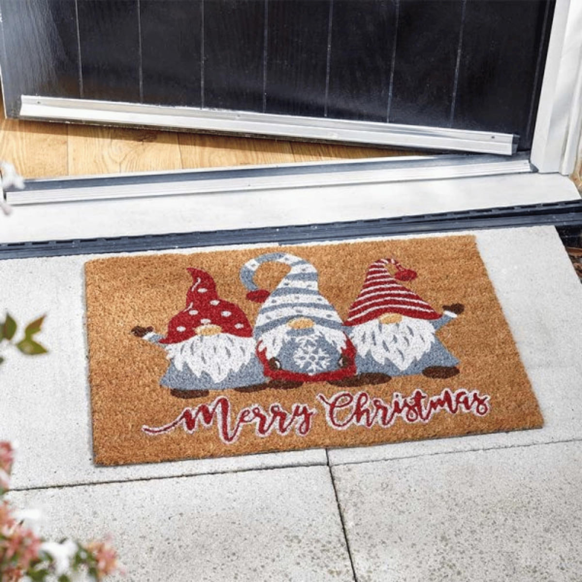 60cm x 40cm Three Gonks Coir Doormat with Merry Christmas Message