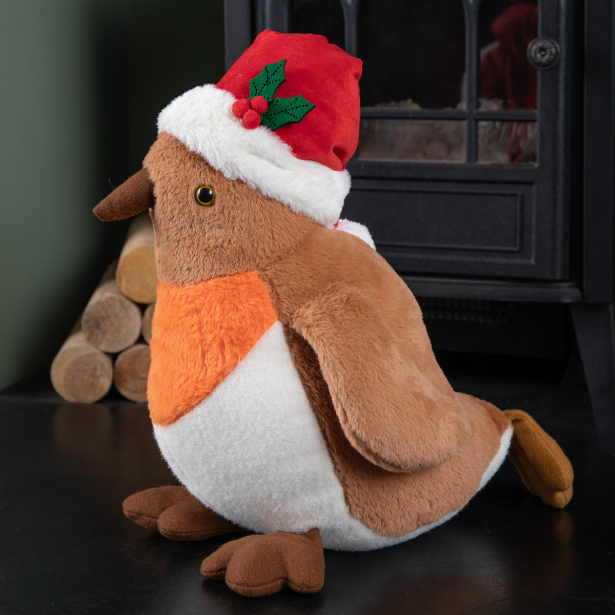 40cm Large Plush Christmas Robin Decoration with Santa Hat