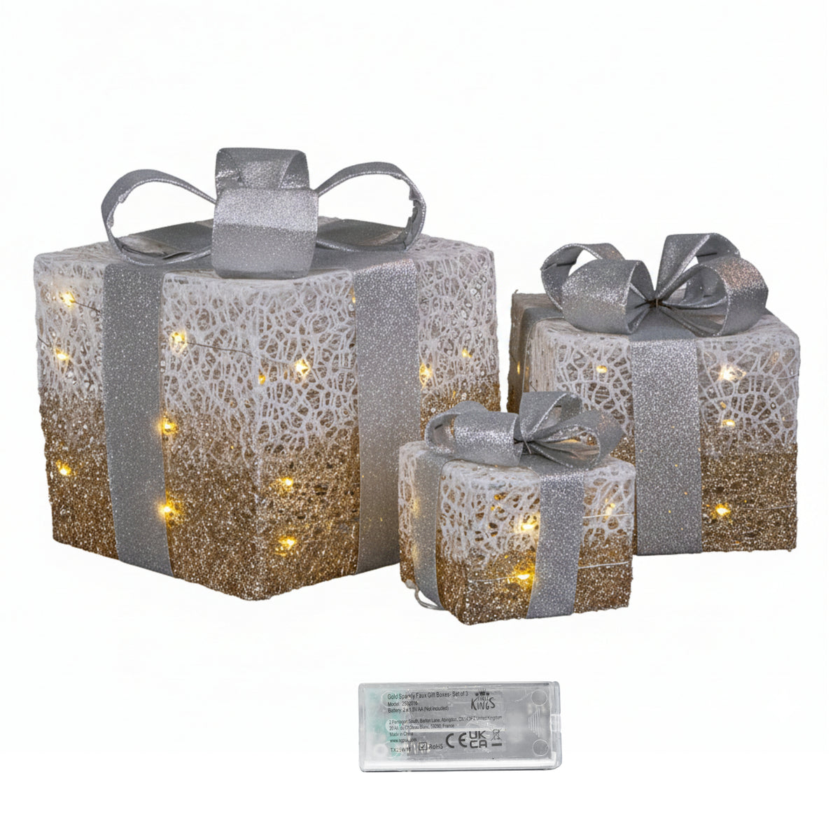 Set of 3 Battery Operated Gold Sparkly Christmas Gift Boxes with LEDs