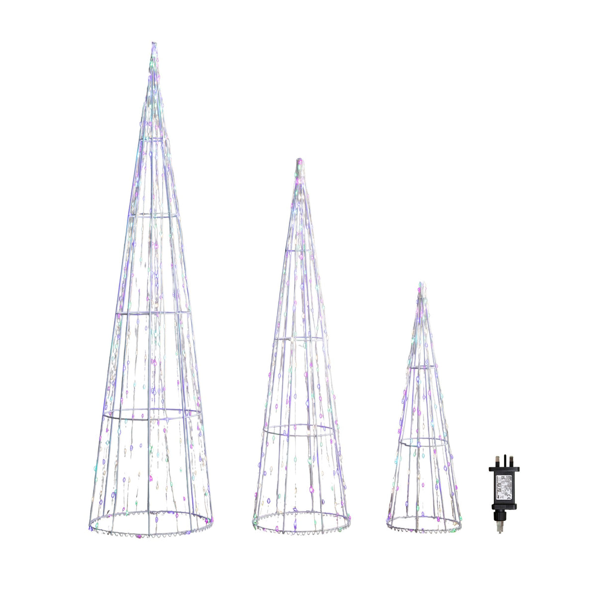 Set of 3 Light up White Metal Dewdrop Christmas Cone Trees with Mulit-Coloured LEDs