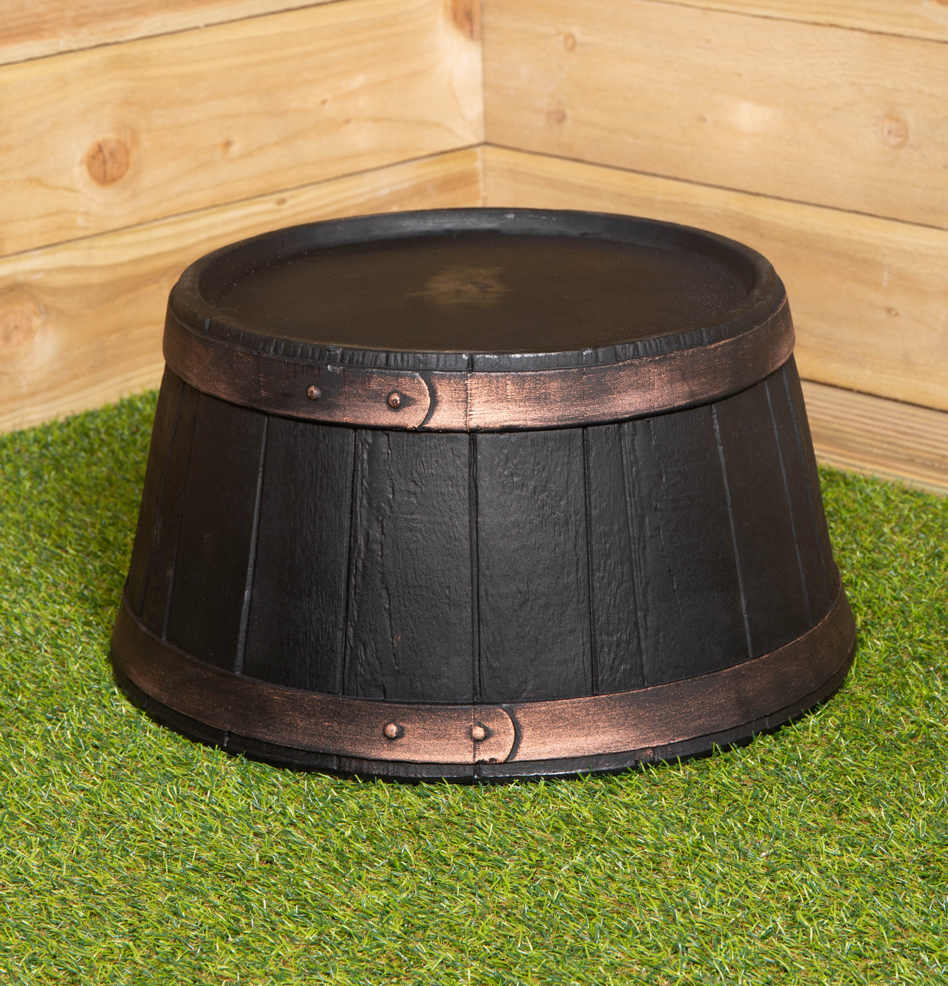Round Black Garden Barrel Planter 50cm  - Oakwood Effect