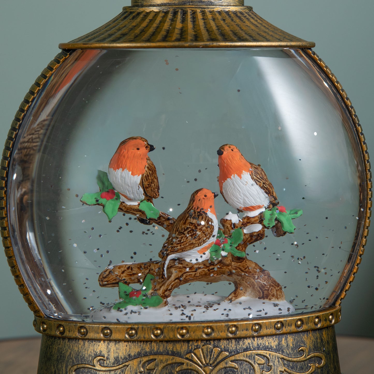 22cm Dual Powered Light up Antique Gold Christmas Robin Water Spinner with LEDs