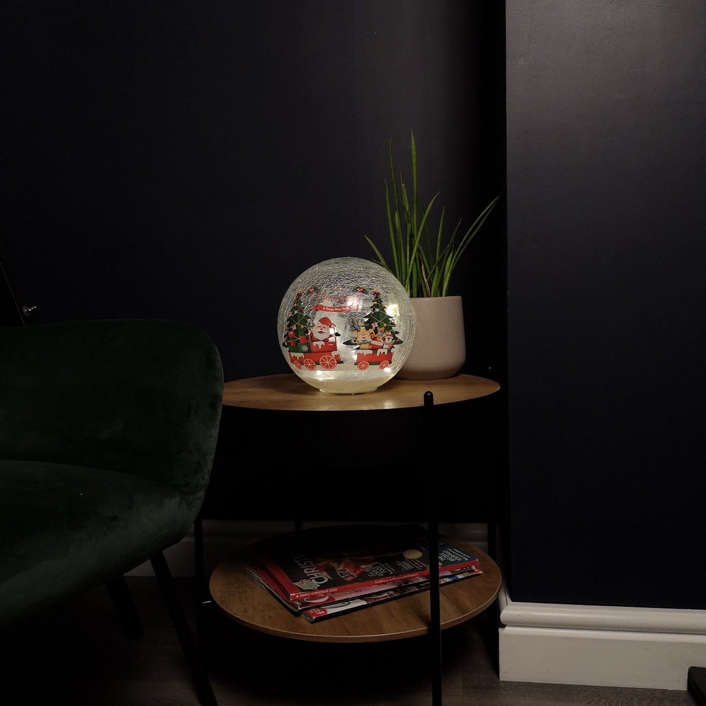 20cm Battery Operated Twinkling Warm White LED Crackle Effect Ball Christmas Decoration with Santa and Friends in Train