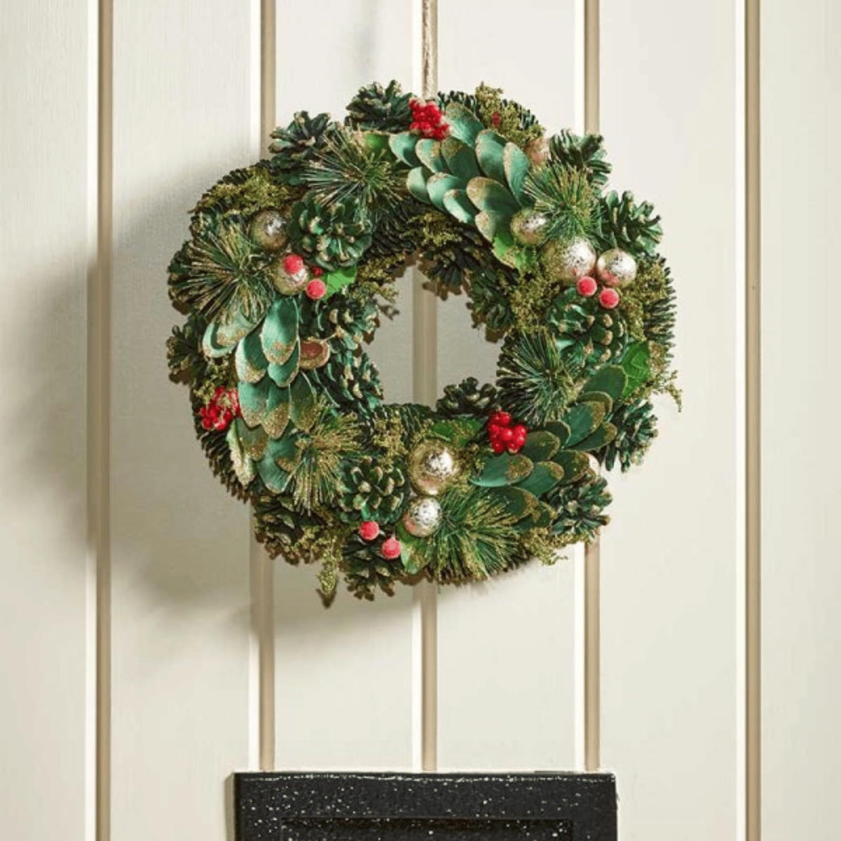 30cm Bauble and Pinecone Hanging Christmas Wreath with Red Berries