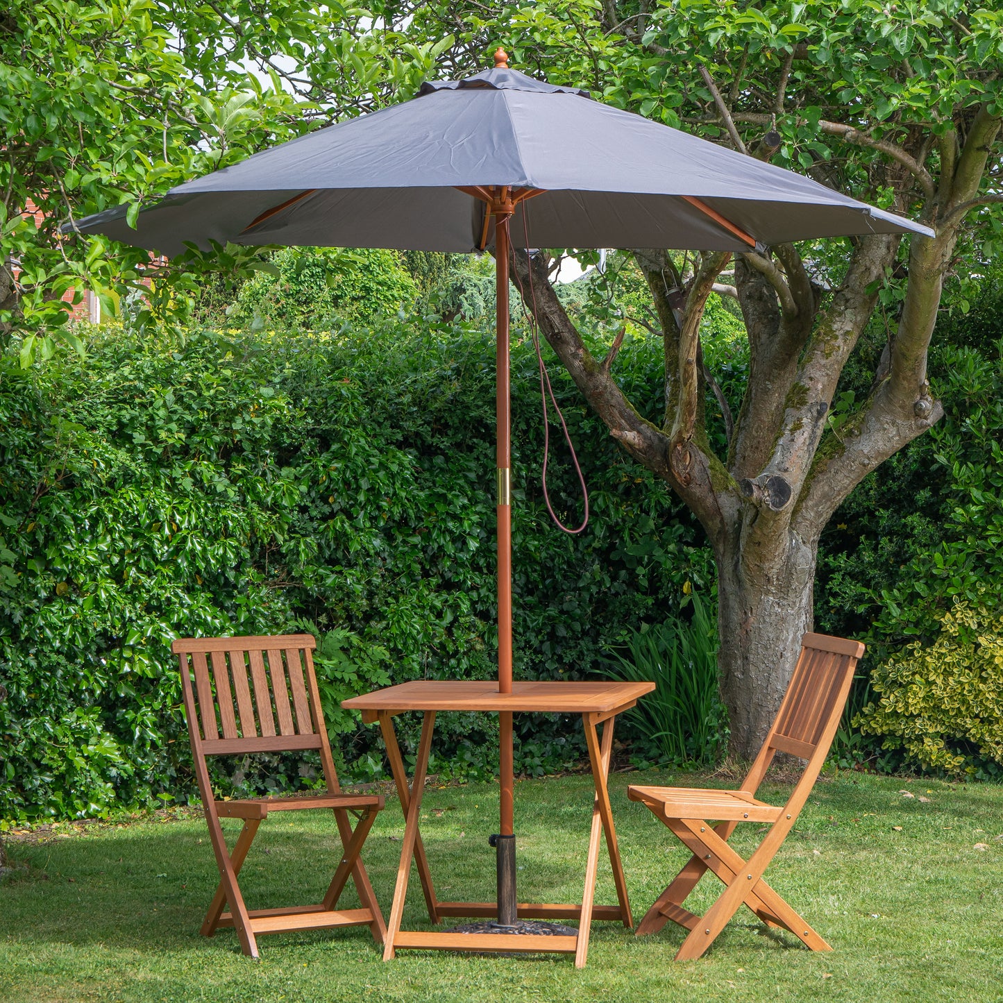 Outdoor 2 Person Folding Wooden Garden Dining Table Chairs Grey Parasol and Base Set
