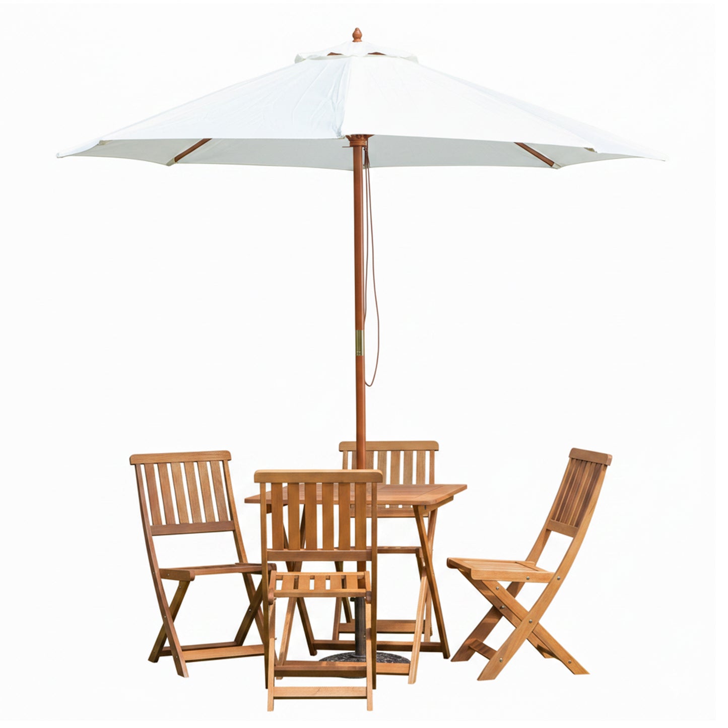 Outdoor 4 Person Folding Square Wooden Garden Dining Table Chairs Cream Parasol and Base Set