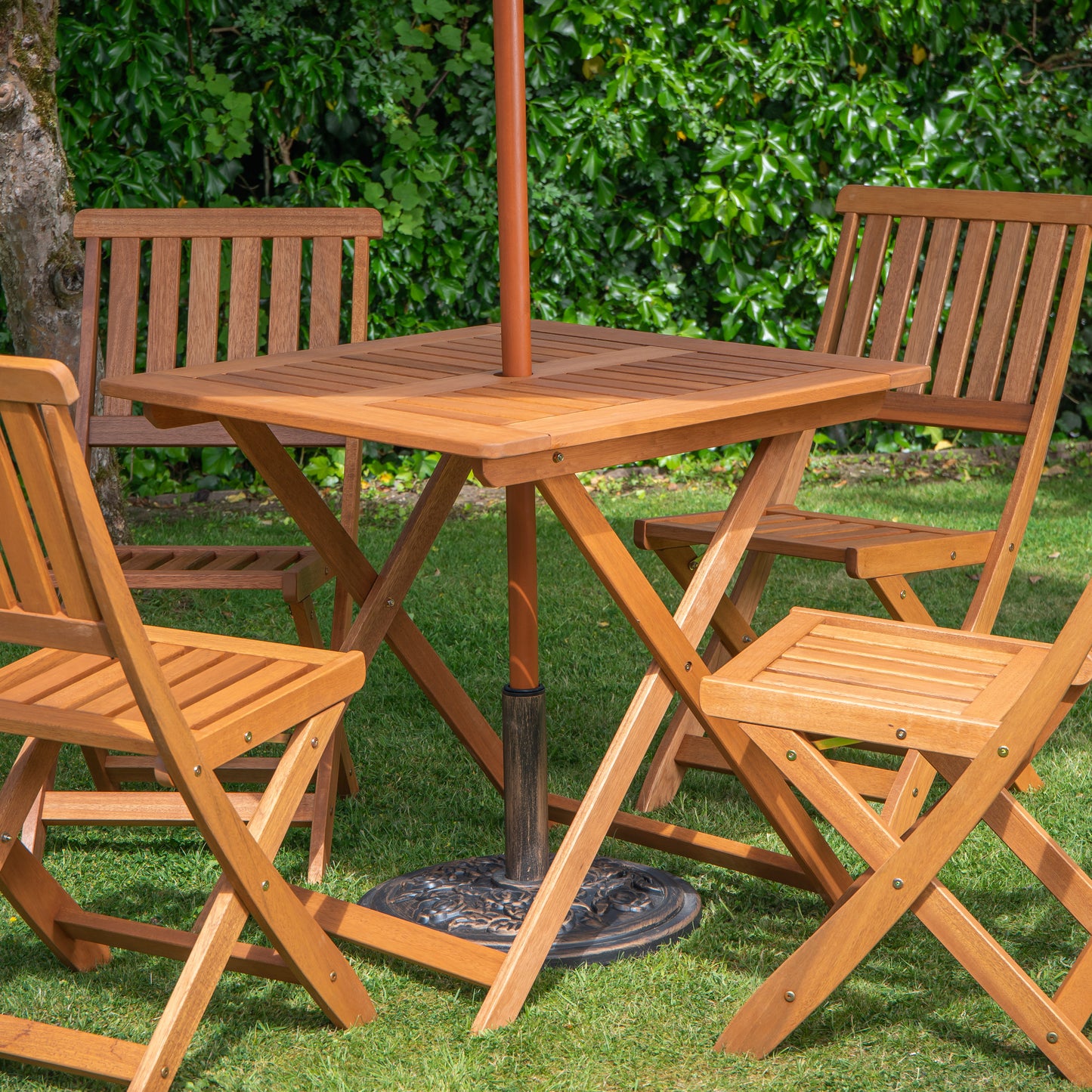 Outdoor 4 Person Folding Square Wooden Garden Dining Table Chairs Cream Parasol and Base Set