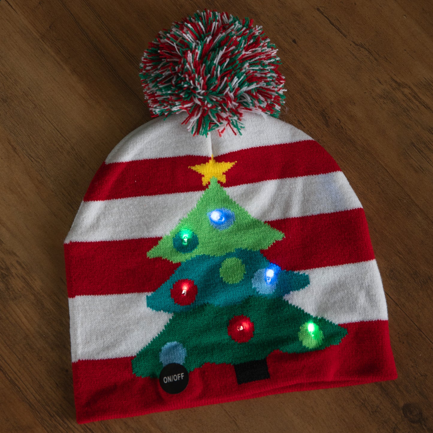 Light up Flashing Party Beanie Festive Hat with Christmas Tree & Multi-Coloured LEDs