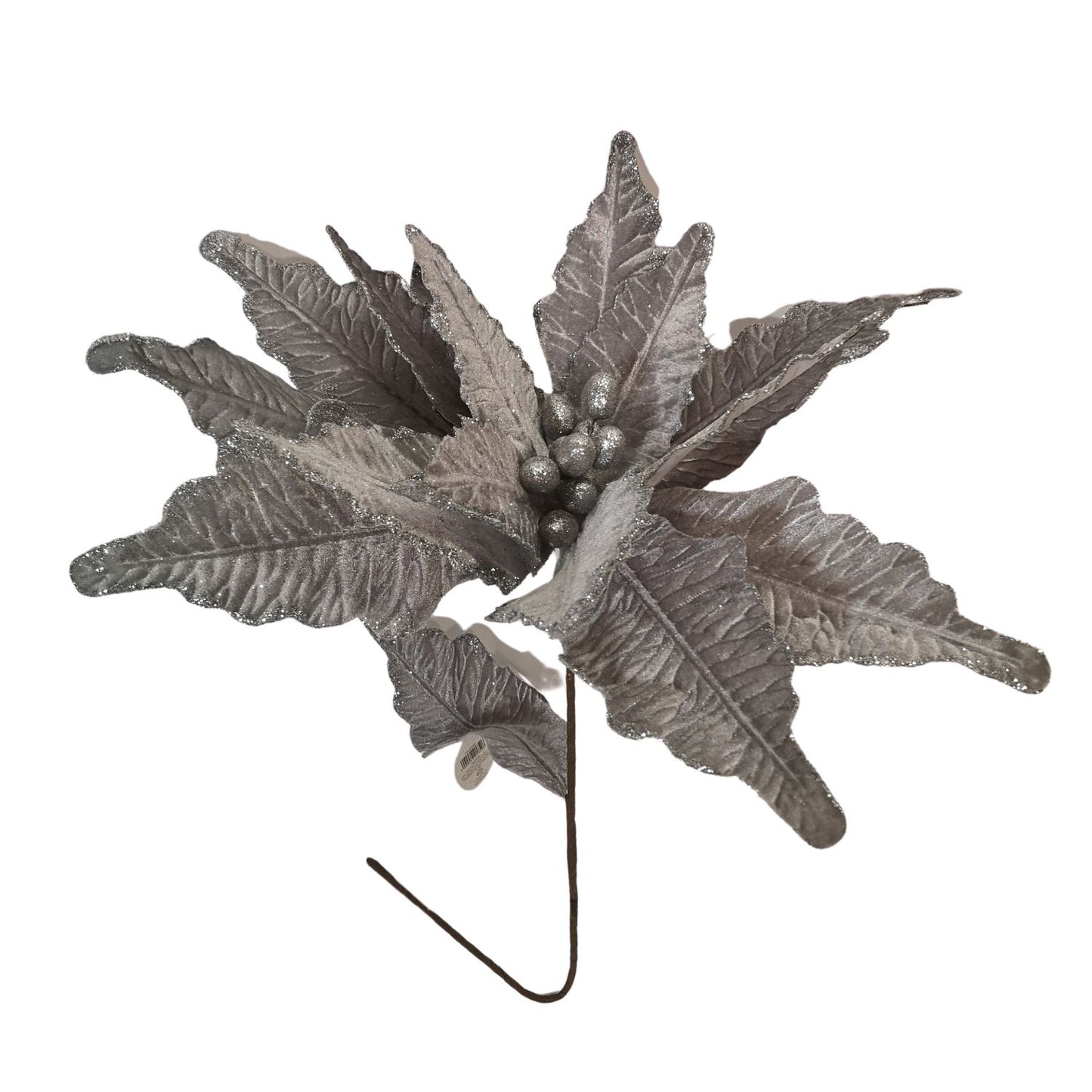 68cm Silver Velvet Poinsettia Stem with 2 Flowers Christmas Decoration